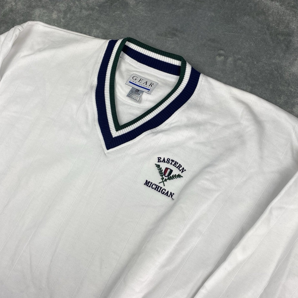 Vintage Eastern Michigan Sweatshirt Mens XL White Varsity V Neck Gear for Sports